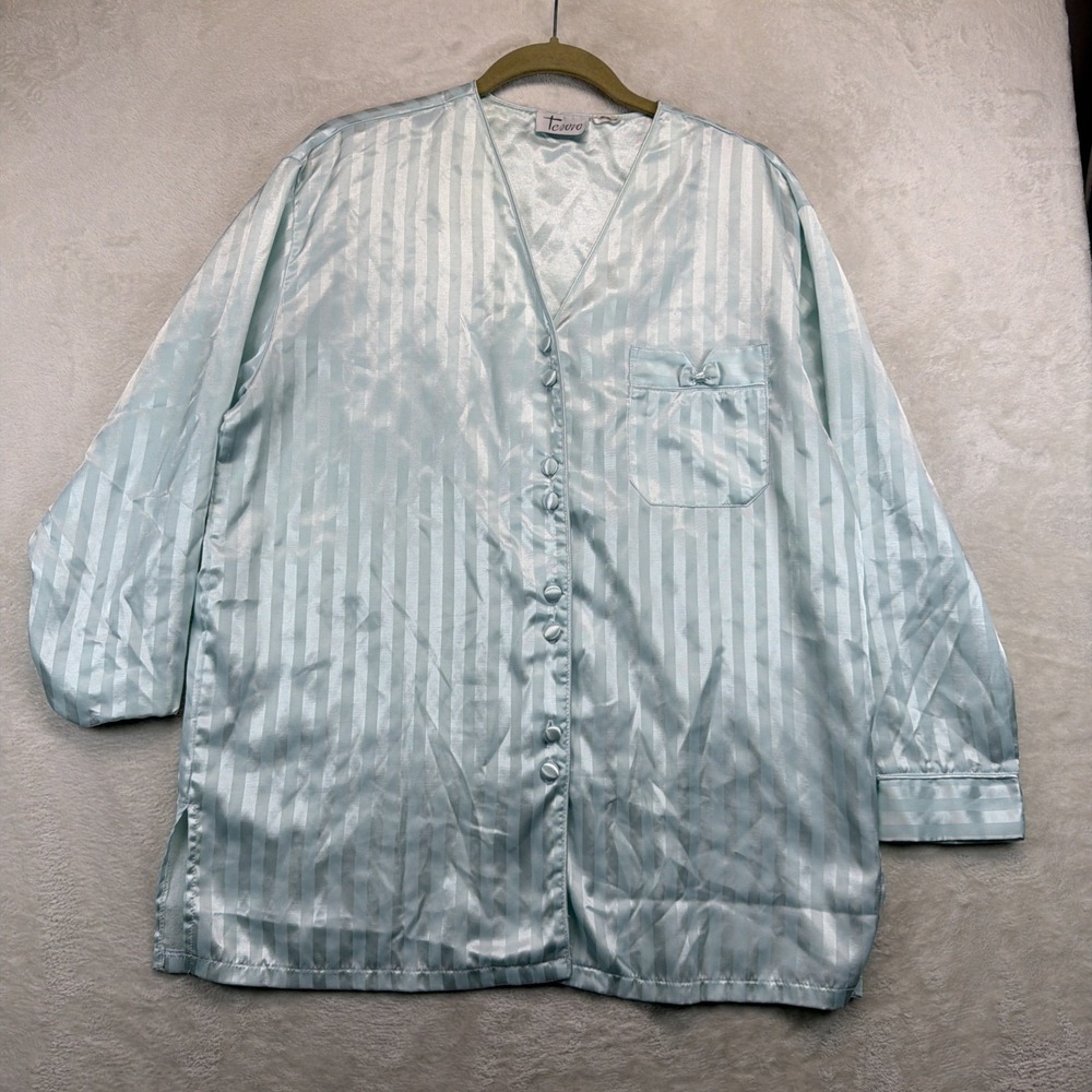 Tesoro Women's Large Satin Stripe Pajama Sleep Top Blue Button Front